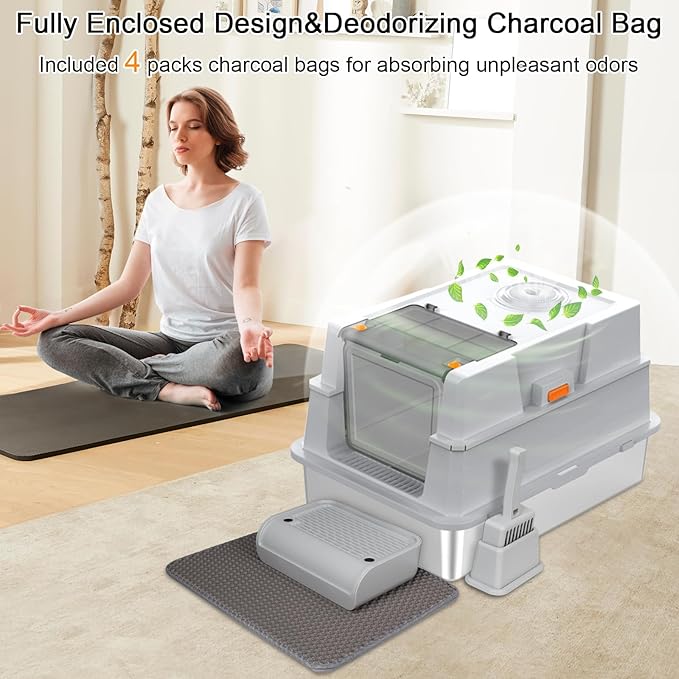 XXXL Stainless Steel Litter Box with Lid,XXXL Enclosed Metal Cat Litter Box for Big Cats,Multiple Cats,with Litter Scoop & Foot Pedal& Litter Mat,Odor Control,Easy Cleaning