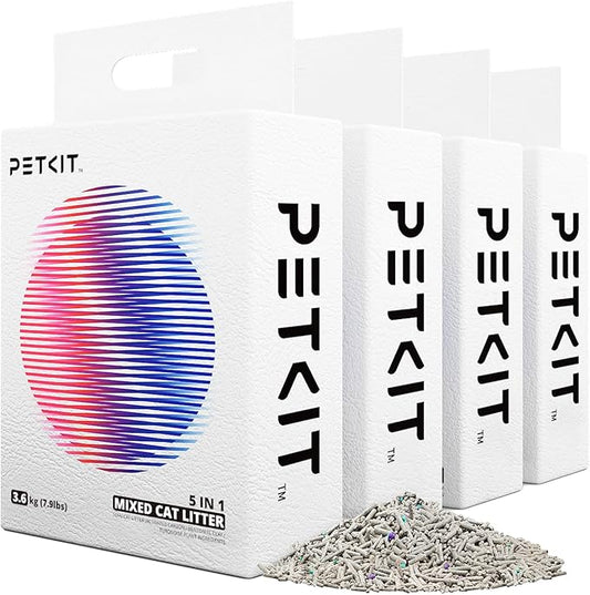 PETKIT Mixed Cat Litter Fast Clumping,Flushable,Ultra Absorbent, 100% Natural Ingredients Litter,Water Dissolvable,Really Dust-Free,Low Tracking Bentonite Tofu Litter ( 7.9 lb×4 Bags)