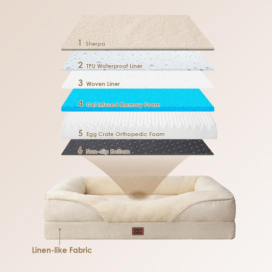EHEYCIGA Memory Foam Dog Bed for Large Sized, Orthopedic Dog Sofa with Sides and Waterproof Liner, Washable Bolster Pet Couch with Removable Cover, 41x27x7.5 Inch, Beige