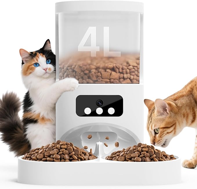 Automatic Cat Feeder with Camera for 2 Cats,1080P HD Video Night Vision Pet Feeder Food Dispenser, 5G&2.4GHz WiFi Pet Feeder with 2 Way Audio,Smart App Control 4L Pet Dry Food Dispenser for Cat/Dogs
