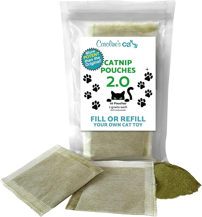 Caroline's Cats Organic Catnip Packets for Cat Toys 2.0 – More Potent Refill Pouches for Flapping Bird, Flopping Fish, and Others, 10 Tea Bags