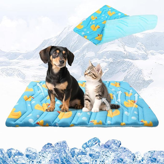 KOOLTAIL Dog Cooling Mat, Upgraded Two Sided Cooling Pad for Dogs Cats Puppy, Soft Pet Sleeping Blanket Keep Cool in Summer with Cute Duck Pattern, Washable Waterproof for Crate Sofa Bed, Blue M
