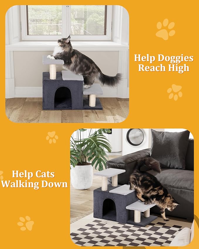 3-in-1 Pet Stairs for Cats, Dog Steps for Small Doggie,7.8'' Depth Cat Stairs,Indoor Cat Steps for High Bed for Pet's Joints, Soft Plush, 1 Big Cat Condo Cave, Sisal Scratching Posts, Grey, Large