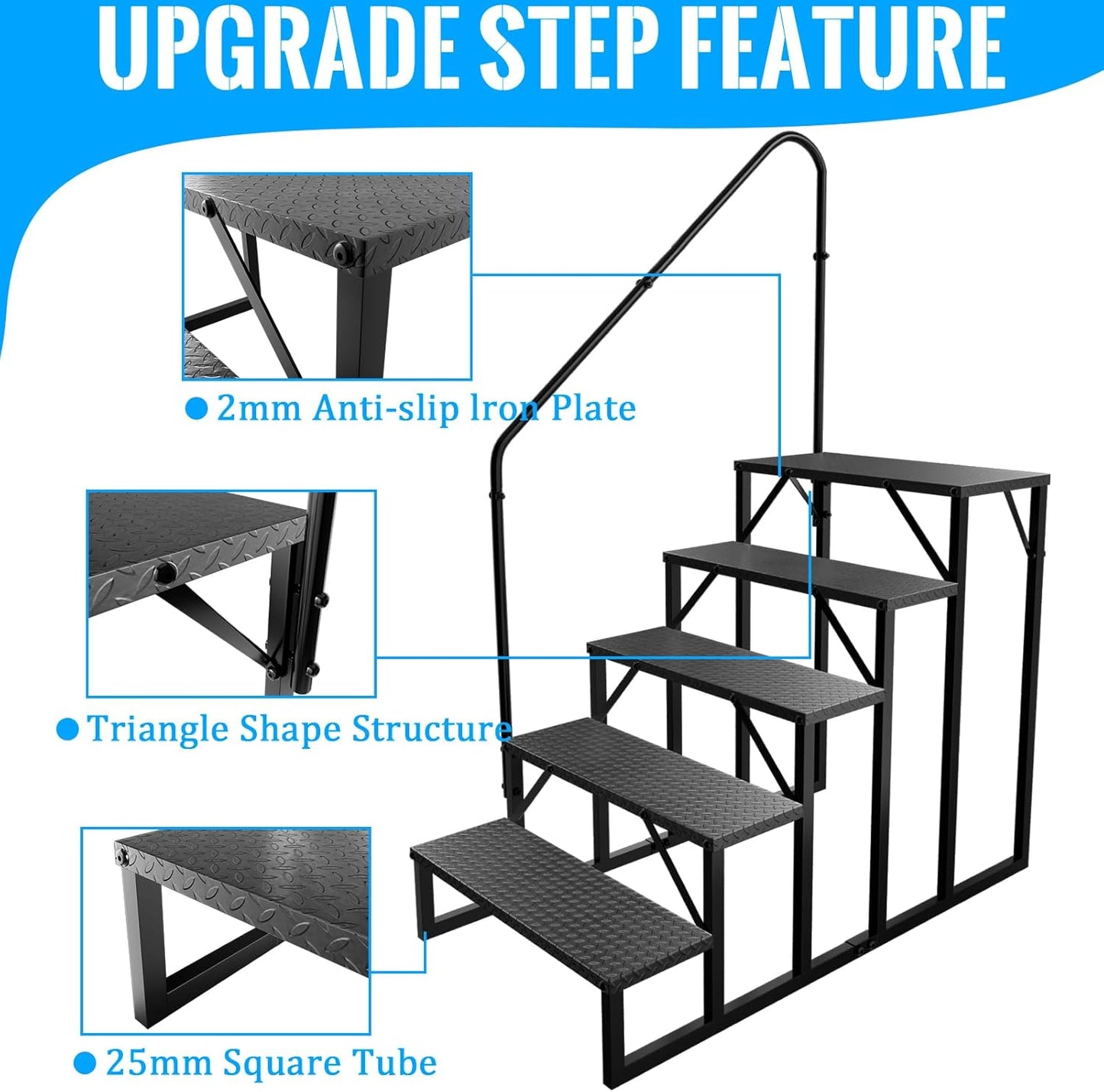 RV Stairs 5 Step, RV Steps Anti-Slip, Hot Tub Steps with Handrail, 660 lbs Hot Tub Steps Step Ladder for 5th Wheel RV, Mobile Home Stairs, REL-0402