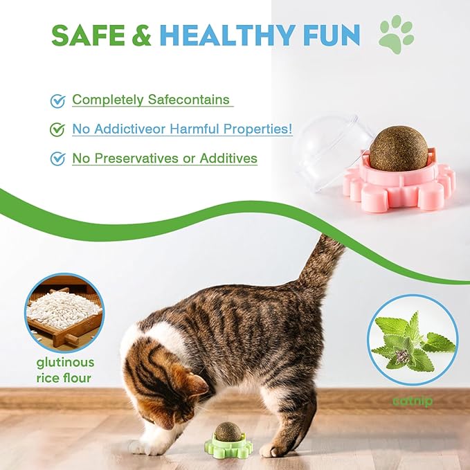 4 Pack Catnip Balls Roller Wall Ball for Cats Spinning Catnip Station Licking Balls Organic Cat nip Chew Ball for Teeth Cleaning & Play