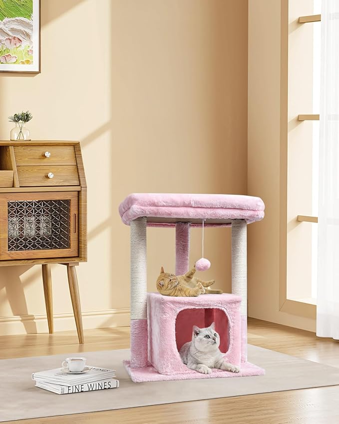 SYANDLVY Small Cat Tree for Indoor Cats Large Adult, 27" Activity Tower with Scratching Posts, Modern House with Padded Perch, Kittens Condo, Cat Cave, Pink