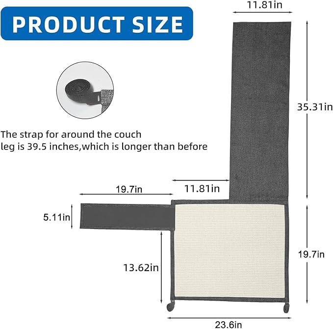 Cat Scratch Sofa Protector,Cat Scratching Couch Protector with 19.7''L*23.6''W Natural Sisal for Protecting Couch Sofa Chair (Dark Grey/Left Hand)