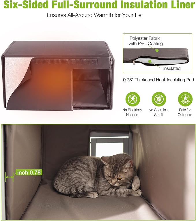 GUTINNEEN Insulated Outdoor Cat House with 0.78" Thick Liner - 6-Side All-Around Insulation, 3 Escape Doors & Elevated Moisture-Proof Base - Weatherproof Feral Cat Shelter