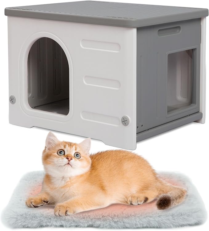 Plastic Cat House Outdoor & Indoor, Waterproof Feral Cat Houses with Escape Door, Sturdy Outdoor Cat House with Bed Mat, Outside Cat Shelter for Small Pet, Assemble and Clean Easily-Grey