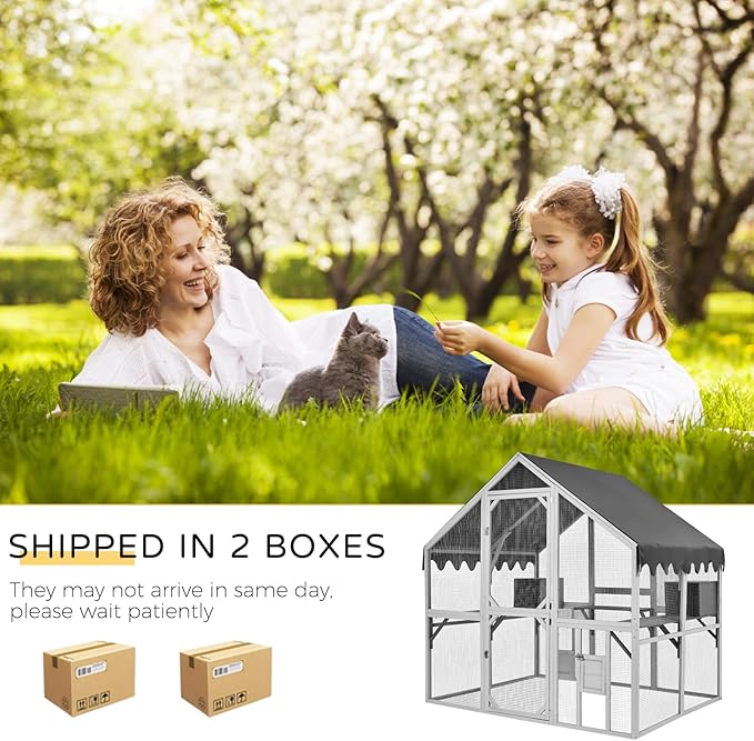 Catio Outdoor Cat Enclosure House Large for Multiple Cats, Wooden Cat Condo Cage for Outside with Waterproof Roof, Playpen, Resting Box, Platform, Bridges, Doors, 74”x57”x74”, Gray