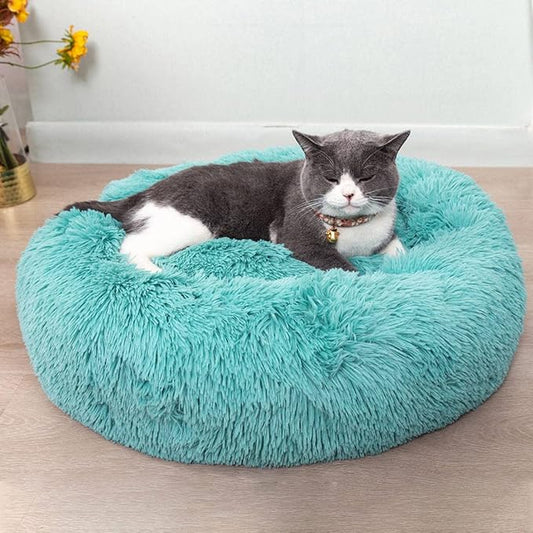 Cat Beds for Indoor Cats - Cat Bed Washable 20/24 inches, Dog Beds for Small Medium Dogs, Anti Anxiety Round Fluffy Plush Faux Fur Pet Bed, Thick Bottom (Blue, Large 24" L x 24" W)