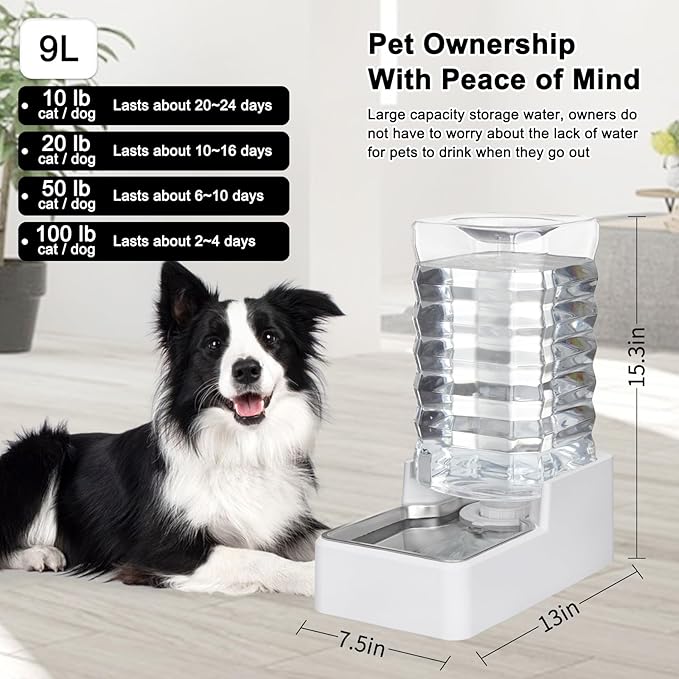 Sfozstra Large Gravity Water Dispenser: 9L Automatic Dog White Water Feeder with Stainless Steel Bowl -100% BPA-Free - Two Caps and Filters for Busy Owners