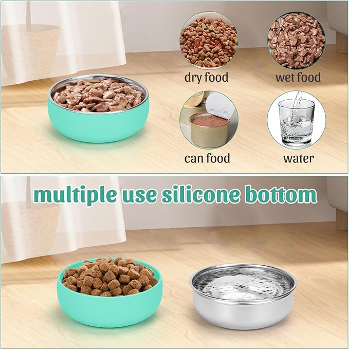 Non-Slip Stainless Steel Cat Bowls, 2 Pack Cat Dishes for Food and Water with Detachable Colorful Silicone Anti-Slip Bottom, 5 '' Wide Thick & Heavy Duty Metal Pet Bowls for Kitten, Cats and Puppy