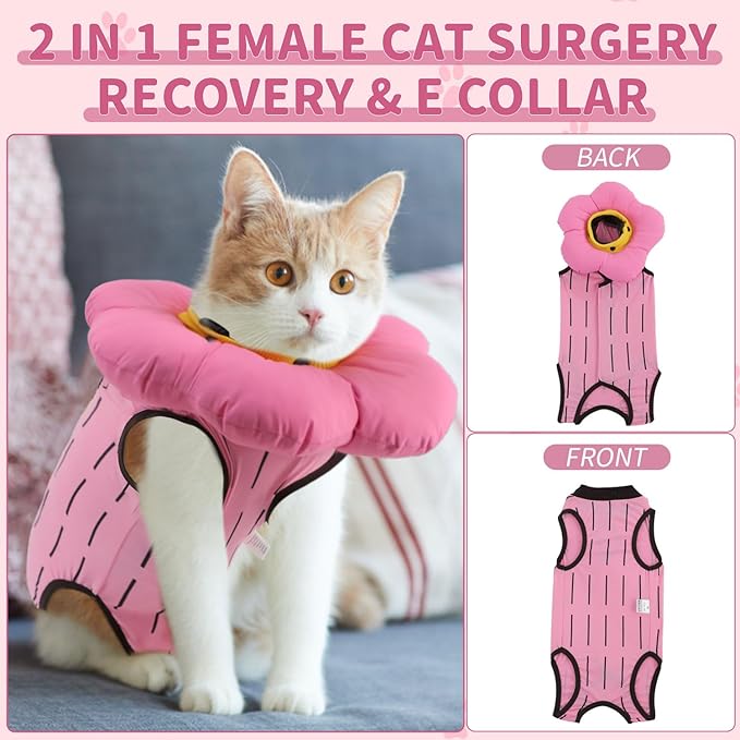 EMUST 2-in-1 Cat Recovery Suit & Cone Collar - Cute Surgical Suit for Abdominal Wounds, Adjustable Soft Flower Collar - Cat Onesie After Surgery, 4-8lb (Pink, M)