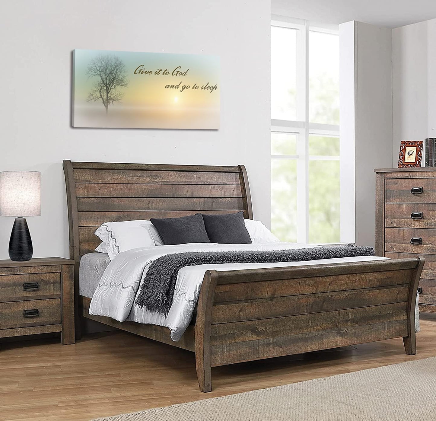 Lasdel Canvas Wall Art of Misty Sunset & Tree Plant Picture For Bedroom Home Above Bed, White Country Wood Sign For Bathroom, Give It To God & Go to Sleep Artwork Decor, Inner Frame 20x40 Inches