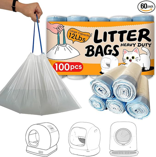 Cat Litter Box Liners Bag Fit For MW-SC01/MW-SC02/MW-LR01 Automatic Self Cleaning Cat Litter Box, Waste Bags, 18" x 12.6"Heavy Duty Replacement Trash Bags with Drawstring (White, 100 counts)