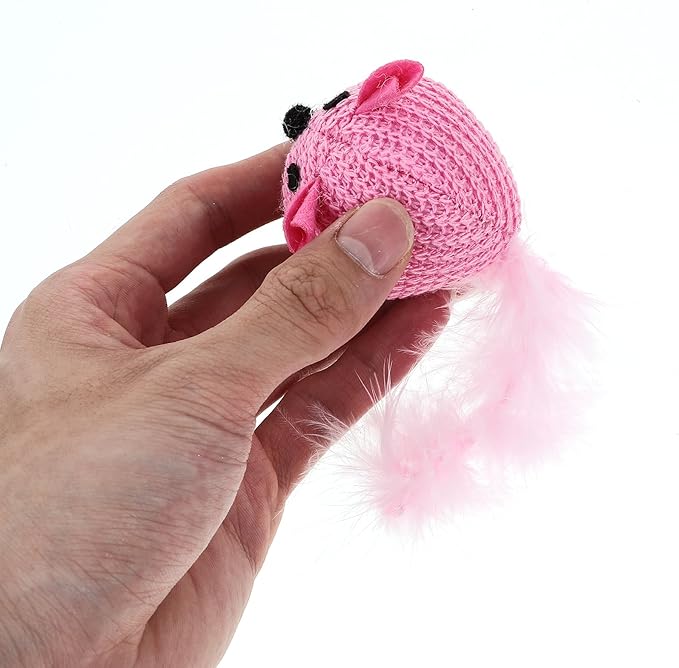 LOGOFUN Cat Toy Knitted Mouse Kitten Toy with Feather Plush Mouse Shaped Pet Interactive Accessory for Indoor Home Animal Supplies - Pink