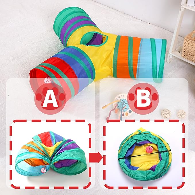 ‌Coolcandy Cat Tunnel & Interactive Cat Toy Indoor, Y-Shape 3-Way Tunnel Toys for Indoor Cats, Collapsible Interactive Peekaboo Cave with Play Ball, for Multi-Way Play & Small Animals