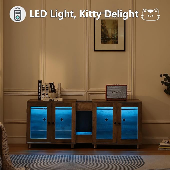 Double Cat Litter Box Enclosure for 2 Cats,Modern Double Litter Box Furniture with 7 Colors LED and Built-in Power Outlet,Large Cozy Cat Home,4 Glass Doors for Better Viewing,Grey