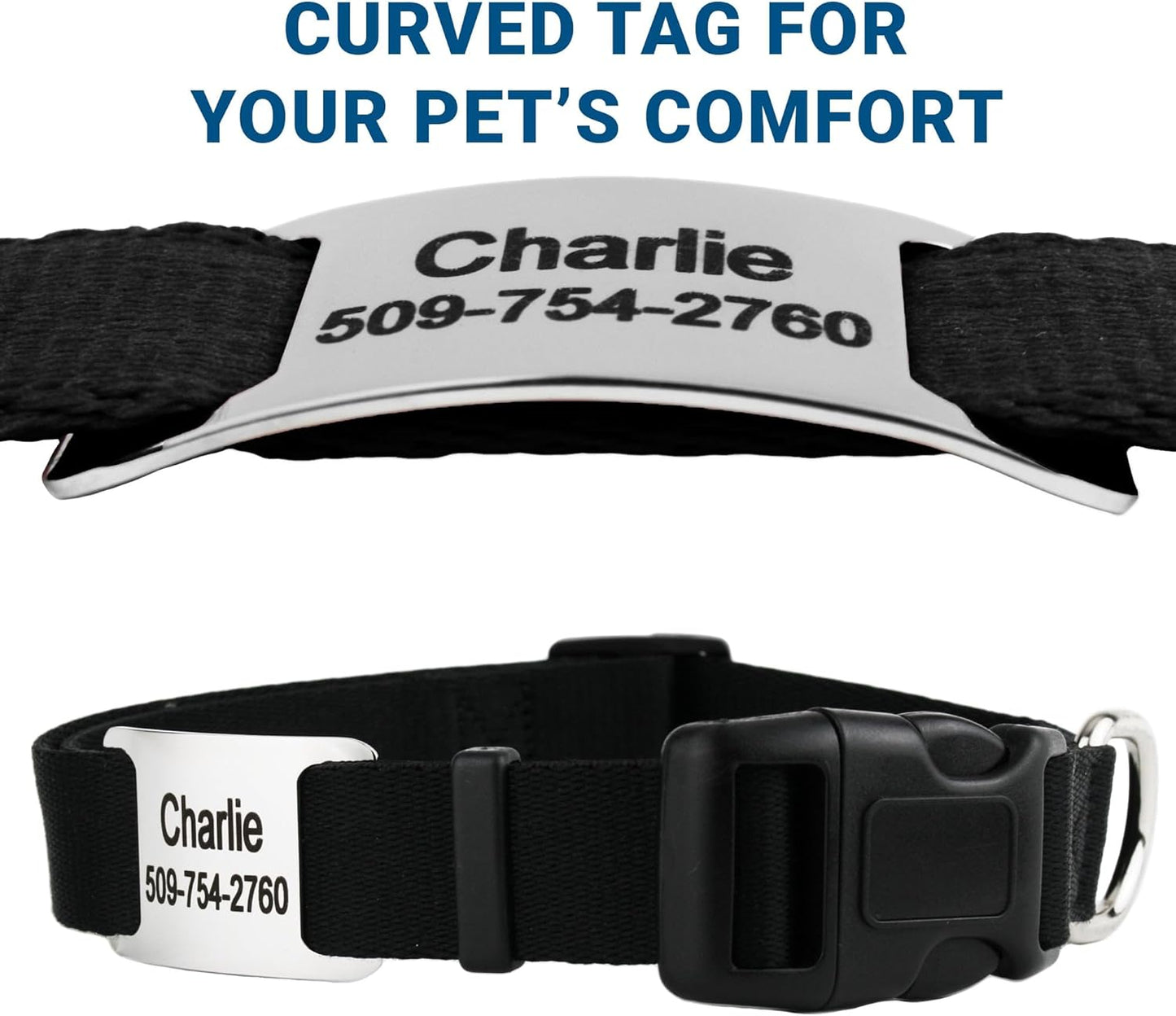 GoTags Reflective Personalized Dog Collar with Nameplate, Adjustable Dog Collar with Custom Engraved Steel Slide On Pet ID Tag, Silent, No Noise Dog Tag for Large Medium or Small (Charcoal, Medium)