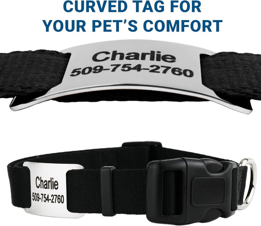 GoTags Reflective Personalized Dog Collar with Nameplate, Adjustable Dog Collar with Custom Engraved Steel Slide On Pet ID Tag, Silent, No Noise Dog Tag for Large Medium or Small (Beige, Medium)