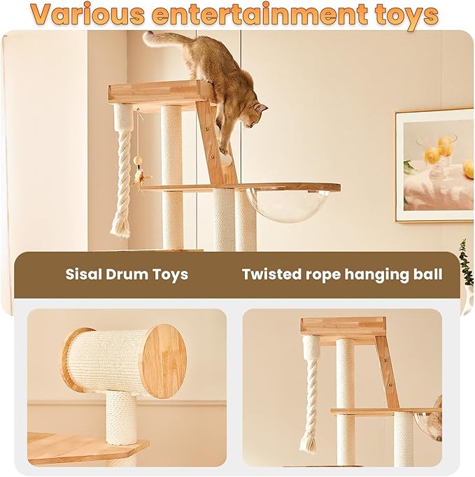 Heavy Duty Cat Trees for Large Cats,Sturdy 74.8'' Tall Maine Coon Cat Tower with Transparent Bowl,Ladder,Luxury Cat Condo with Scratching Posts,Bed with Removable Mat for Multi-Cat Families