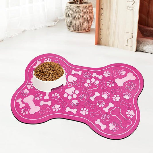 Dog & Cat Food Mat Bone Shaped Pet Feeding Mat Quick Absorb Water Bowl Placemat with Rubber Backing Indoor Floor Stain Resistant Pet Accessory Supplies (Pink Small, 12x18 Inches)