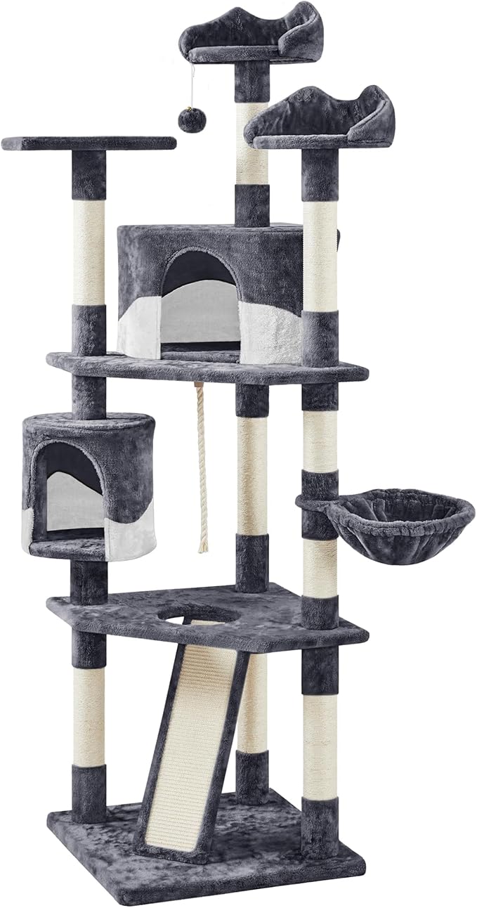 Yaheetech 79in Multi-Level Cat Trees Indoor Cat Tower with Sisal-Covered Scratching Posts, Plush Perches and Condo for Kittens, Cats and Pets - Dark Gray and White