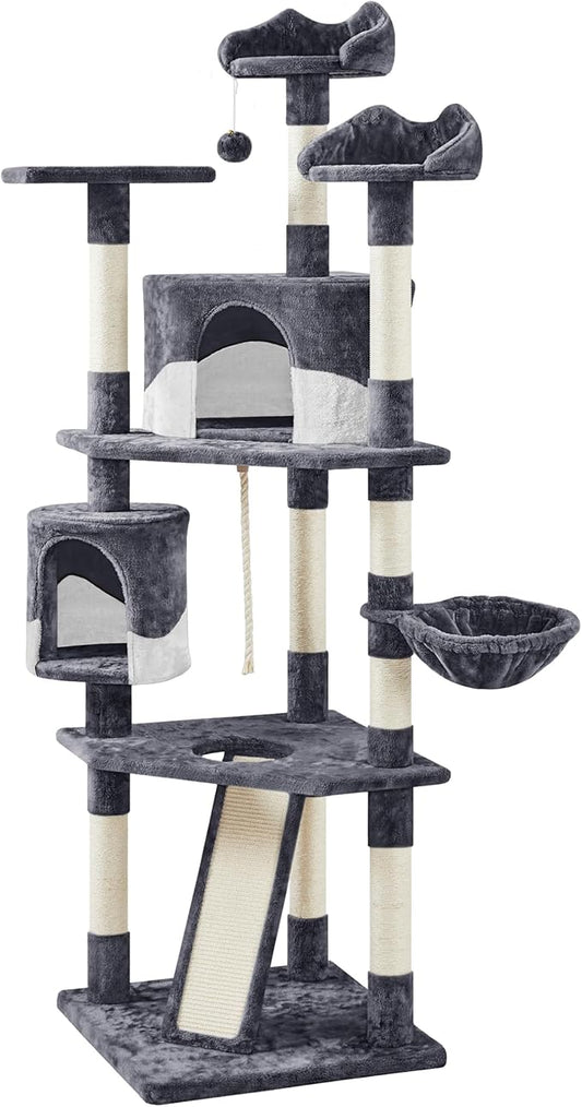 Yaheetech 79in Multi-Level Cat Trees Indoor Cat Tower with Sisal-Covered Scratching Posts, Plush Perches and Condo for Kittens, Cats and Pets - Dark Gray and White