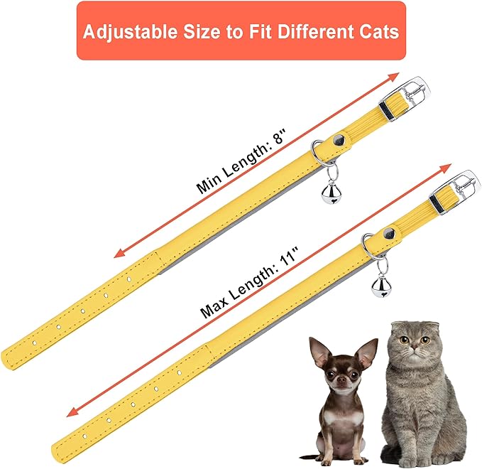 OOPSDOGGY Rolled Leather Cat Collar with Bell, Reflective Kitten Collars with Buckle Include Safety Elastic Strap - Adjustable Small Pet Collars for Boy Girl Cats (Yellow)