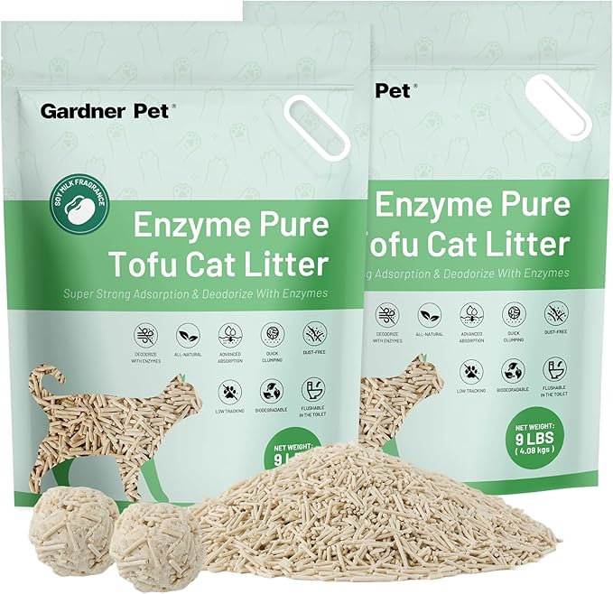 Gardner Pet Enzyme Tofu Cat Litter, Flushable Clumping Cat Litter, Low Dust, Odor Control, Plant-Based Natural Kitten Litter with Fast Absorption & Low Tracking (9LBS*2)