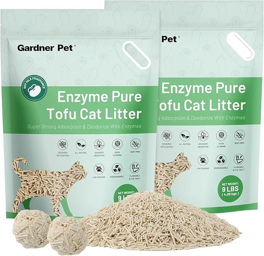Gardner Pet Enzyme Tofu Cat Litter, Flushable Clumping Cat Litter, Low Dust, Odor Control, Plant-Based Natural Kitten Litter with Fast Absorption & Low Tracking (9LBS*2)