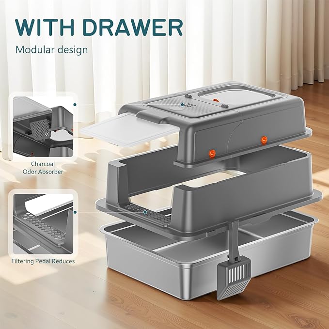 Stainless Steel Litter Box with Lid, 28" XXXL Large Cat Litter Box Enclosure for Multiple Cats, Odor Control with Carbon Filters, Anti-Leak High Sided, Includes Removable Lid & Scoop, Dark Gray