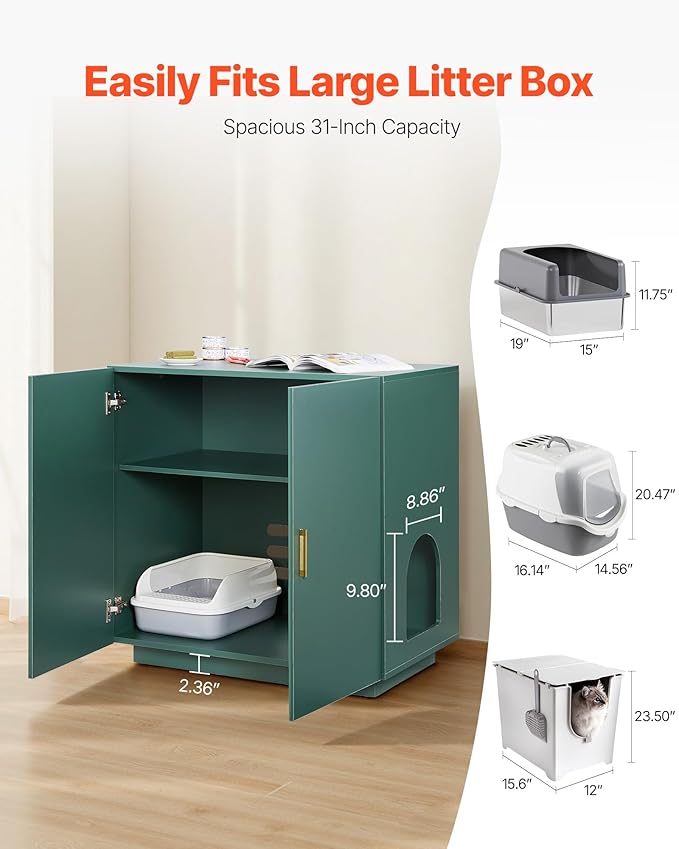VEVOR Cat Litter Box Enclosure, 31.5 in Hidden Litter Box Cabinet, Wooden Indoor Cat Washroom with Ventilated Holes, Double-Door Kitty Pet House Furniture, End Side Table Fit Most Litterboxes