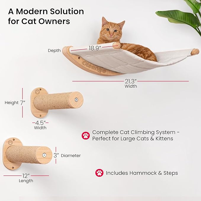 Cat Wall Shelves for Large Cats Set with Hammock, Steps & Scratching Pad - Solid Wood Mounted Climbing Furniture, Indoor Perch and Bed Wall System