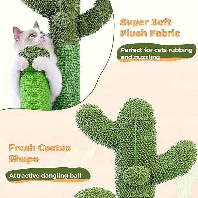 PAWZ Road Cat Scratching Post Cactus Cat Scratcher with 3 Scratching Poles and Dangling Ball Large 27 Inches