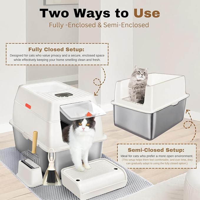 Fully Enclosed XXL Stainless Steel Litter Box with Lid, 8” Deep Pan, Large Stainless Steel Cat Litter Box for Big Cat with Scoop, Step Board, Mat, Brush, Odor-Free, Anti-Leak, Non-Stick (White)