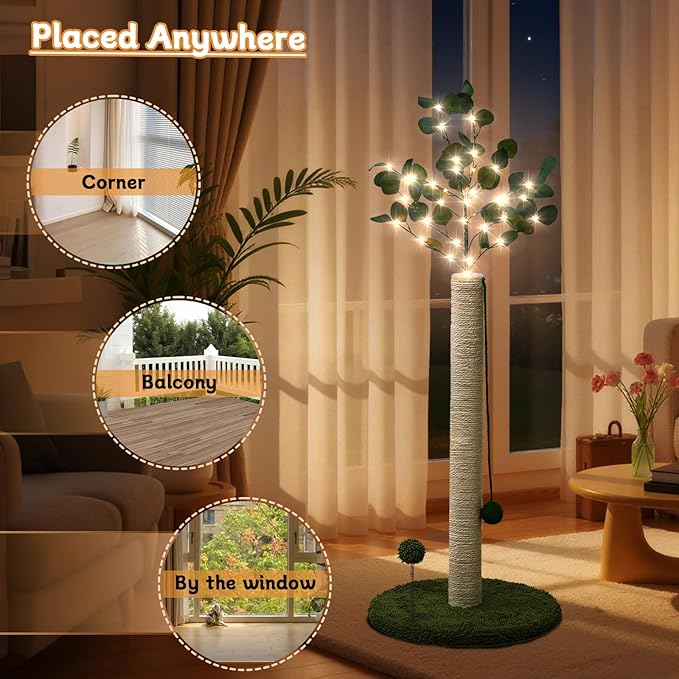 Cat Scratching Post with Lights & Hanging Ball Toys Tall Sisal Rope Scratcher Tree Climbing Scratch Tower for Indoor Cats Adult Kitten