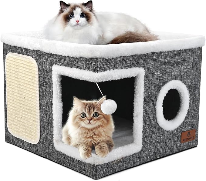 Cat Beds for Indoor Cats - Foldable Cat Hideaway with Hanging Fluffy Ball and Scratch Pad, Large Cat Bed Cave with Reversible Cushion for Multi Small Pet Kitten, Grey