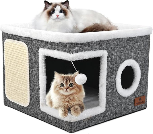 Cat Beds for Indoor Cats - Foldable Cat Hideaway with Hanging Fluffy Ball and Scratch Pad, Large Cat Bed Cave with Reversible Cushion for Multi Small Pet Kitten, Grey