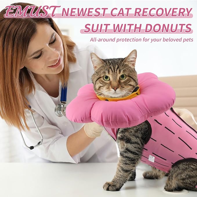 EMUST 2-in-1 Cat Recovery Suit & Cone Collar - Cute Surgical Suit for Abdominal Wounds, Adjustable Soft Flower Collar - Cat Onesie After Surgery, 4-8lb (Pink, M)