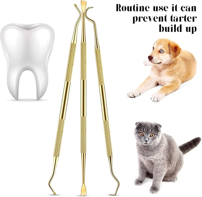 Hotop 3 Pieces Dog Dental Tooth Scaler and Scraper Stainless Double Headed Tarter Removing Tool Scraper Pet Teeth Cleaning Tools for Dog and Cat(Gold)