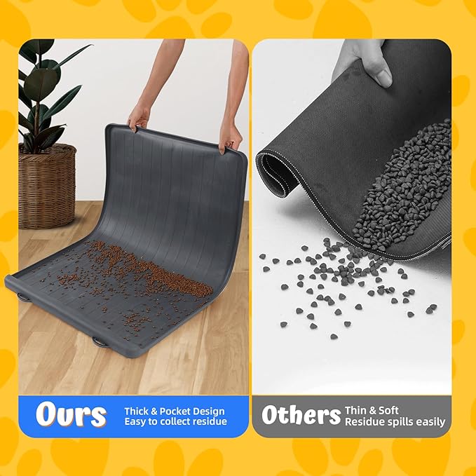 Dog Feeding Mat - 39''x27'' Large Silicone Pet Food Mats with Residue Collection Pocket and High Edges, Floors Waterproof Dog Cat Bowl Mat Prevent Water Food Spills, Black