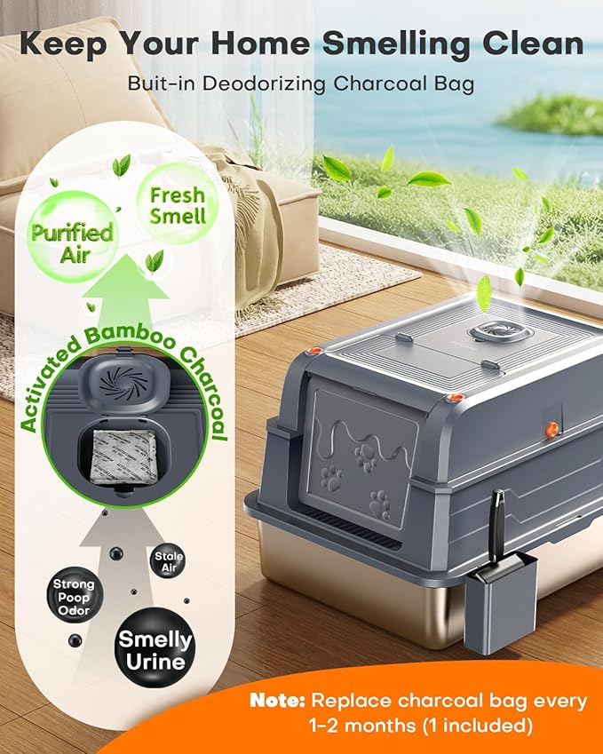 PetGenie® 2025 XXXL Stainless Steel Cat Litter Box (152L) - Leak-Proof for High Pee Cats, 180° Flip Top Lid & 3-in-1 Modes, Fits Maine Coon/Multi-Cat Homes w/Metal Scoop & Charcoal Filter