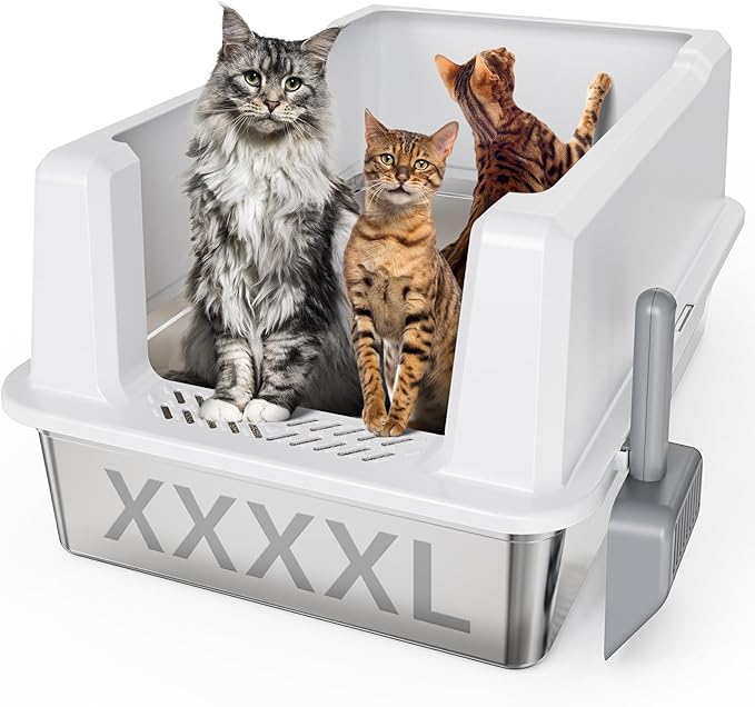 Tripamin XXL Stainless Steel Litter Box with High Sides 28"x20.5"x14" Extra Large Metal Litter Box for Big Cats&Multiple cat, Jumbo Top Entry Litter Pan with lid (White, XXX-Large)
