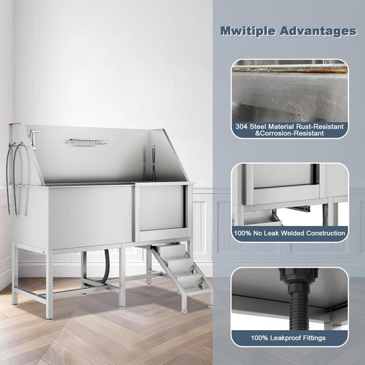 50" Pet Dog Bathing Station, Stainless Steel Dog Bathtub W/Ramp, Floor Grate, Dog Bath Brush, Washing Gloves for Home, Professional Dog Washing Station for Pets (50 Inch Right Door)