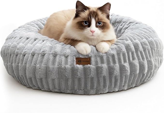 ShinHye Cat Bed - Washable Donut Bed for Cats and Small Dogs, Calming Round Pet Bed with Non-Slip Bottom, Indoor Comfort for Puppy & Kitten(ZJ-Grey-23x23)