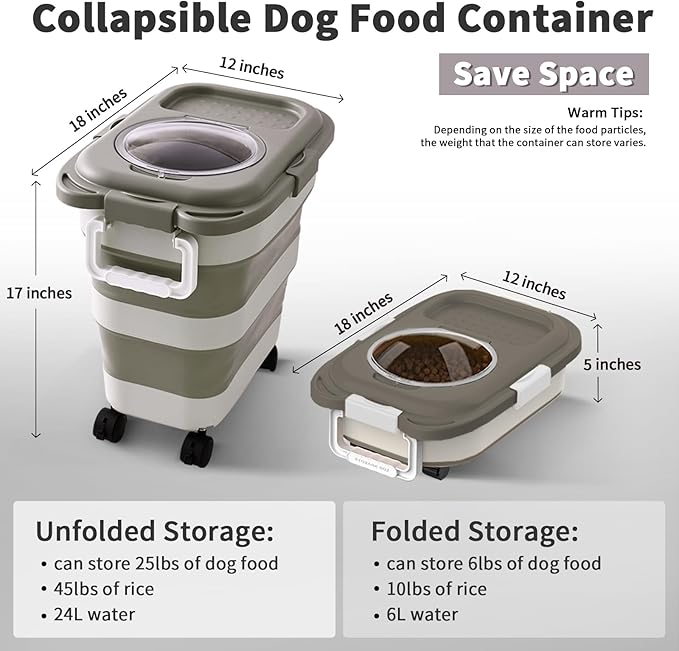25 Lbs Dog Food Storage Container 2PCS, Collapsible Dog Food Container with Scoop for Pet/Dog/Cat/Bird Food,Keep Dry Food Fresh,Easy to Move(Blue & Khaki)
