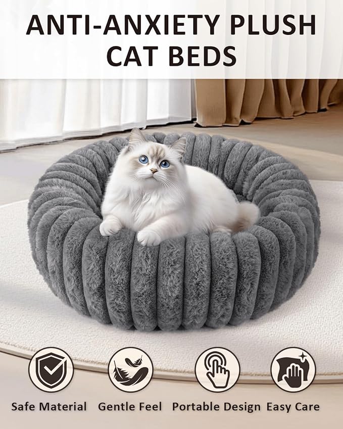 Round Cat Bed Kitten Beds, Gray Donut Small Cats Bed, Washable Super Soft Plush Faux Fur Pet Beds with Anti-Slip Bottom, 20x20x7 Inch Cat Cave Beds Calming Bed Cute Puppy Beds for Indoor