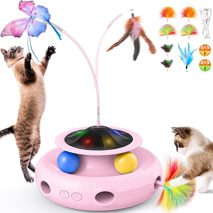 Interactive Cat Toy: 4 in 1 Automatic Cat Toy for Indoor Cats, Electric Kitten Toy with Rechargeable Battery, Self Play Kitty Toys with Fluttering Butterfly, Track Ball and Feather Pack, Pink